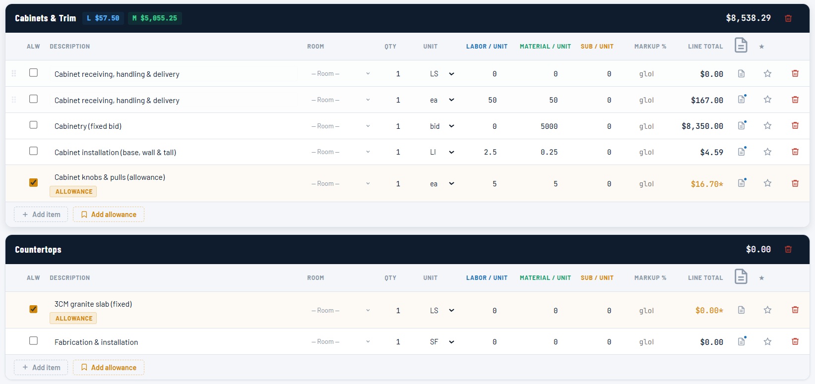 Estimate sections with unlimited contract items and allowances